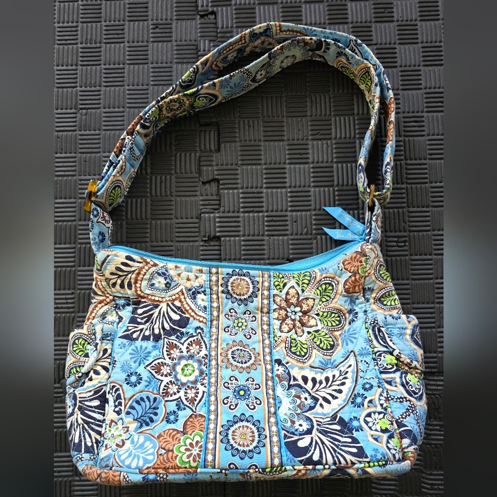 Blue and Brown Shoulder Bag with Floral Patterns
